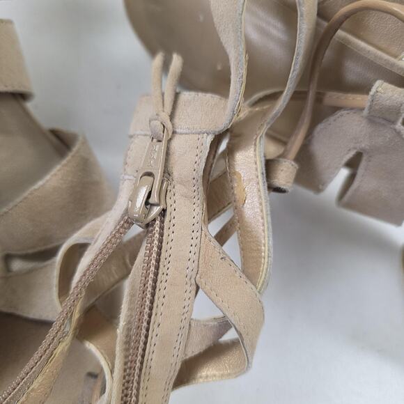 Stuart Weitzman Shoes Womens Size 8.5 Beige Suede Gladiator Lace Up Block Heel - Picture 15 of 16